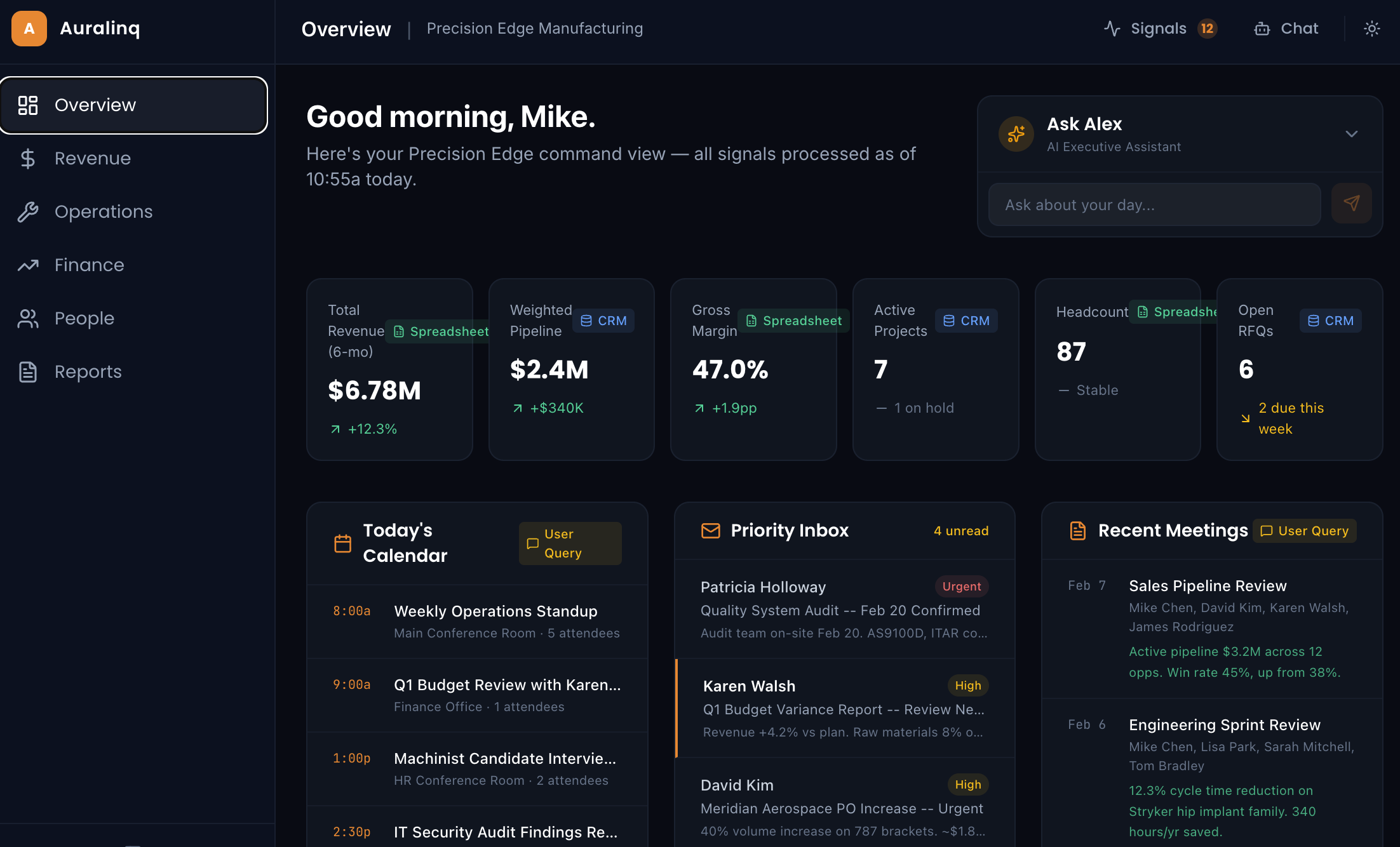 Auralinq Command Center overview dashboard — real-time KPI cards, calendar, priority email inbox, recent AI-summarized meetings, and a live signal feed showing CRM, ERP, and spreadsheet events on a single screen.