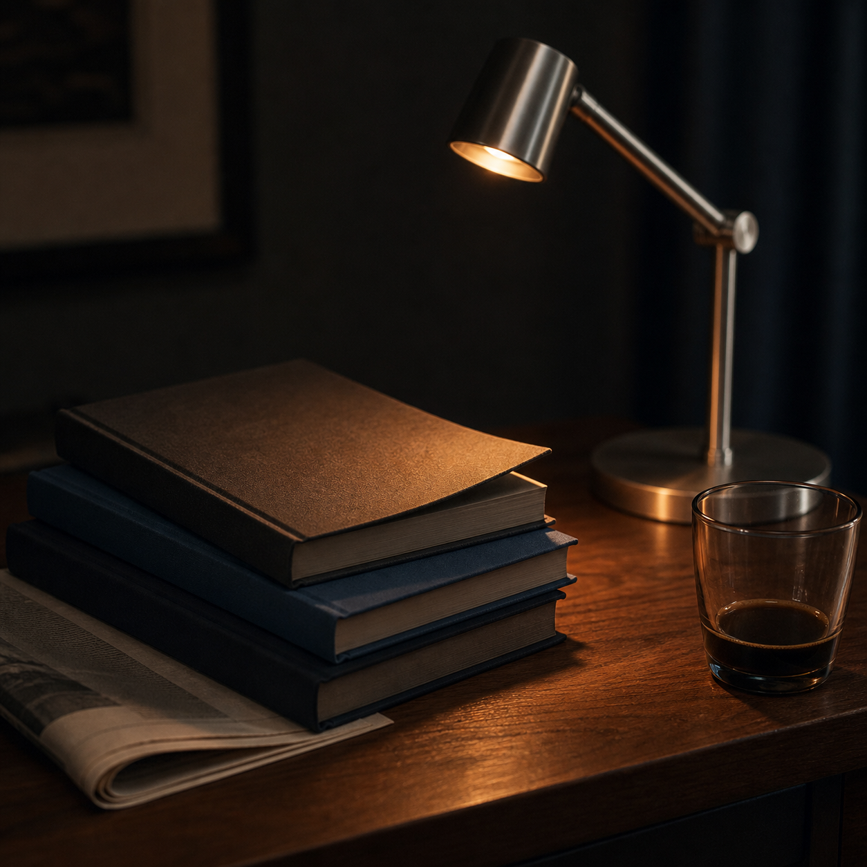 A small stack of three slim hardcover books bound in deep navy, midnight slate, and dark charcoal cloth rests on a dark walnut desk. A brushed-aluminum reading lamp casts a warm amber pool over the topmost book, whose corner is lifted as if recently set down. A small smoked-glass tumbler of dark coffee sits beside the stack.